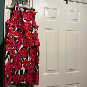 KATE SPADE Sz 14 RIO SLEEVELESS PEPLUM DRESS SHEATH Floral TROPICAL RED/PINK.